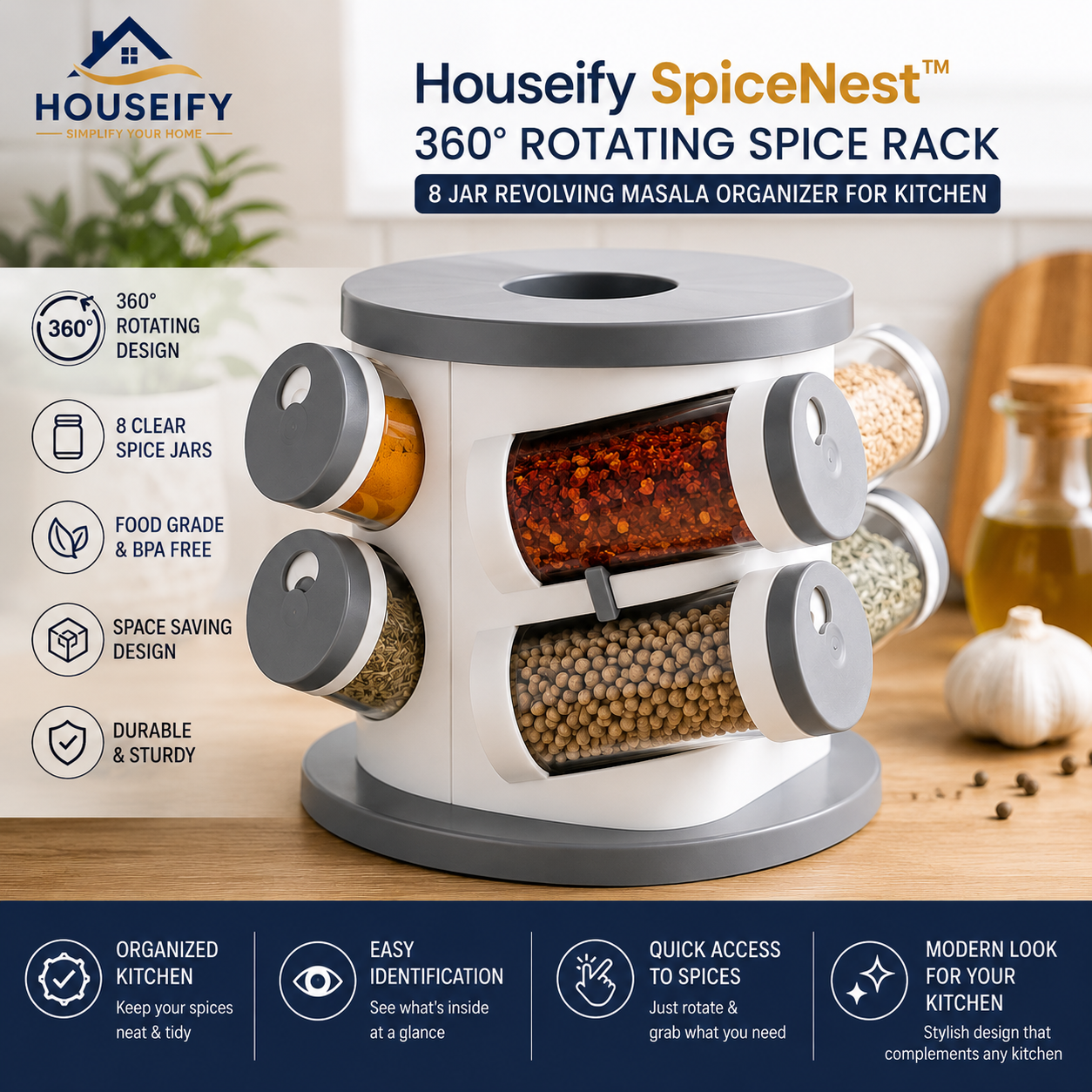 Houseify SpiceNest Premium 360° Rotating Spice Rack with 8 Clear Jars, Revolving Masala Organizer, Space-Saving Countertop Storage Stand for Kitchen