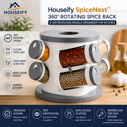 Houseify SpiceNest Premium 360° Rotating Spice Rack with 8 Clear Jars, Revolving Masala Organizer, Space-Saving Countertop Storage Stand for Kitchen