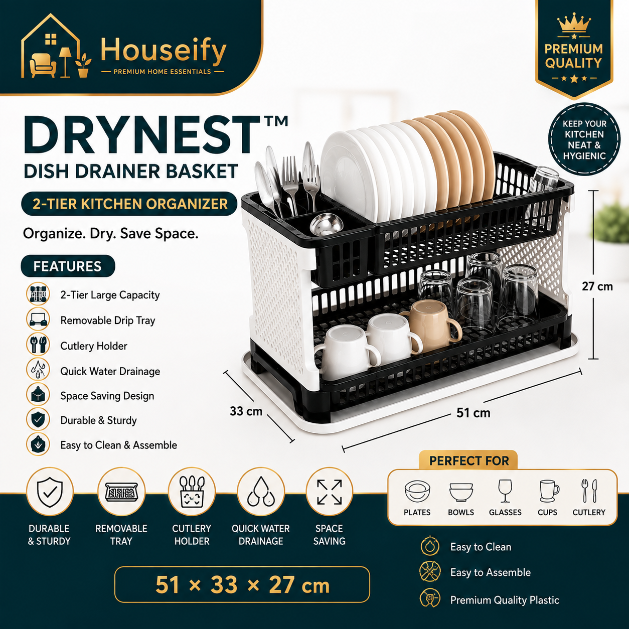 Houseify DryNest™ 2-Tier Dish Drainer Basket with Removable Drip Tray & Cutlery Holder | Kitchen Dish Drying Rack Organizer (Black)