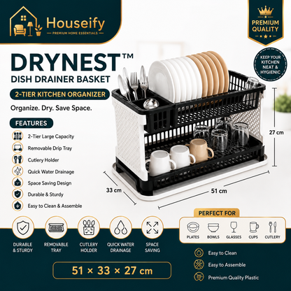Houseify DryNest™ 2-Tier Dish Drainer Basket with Removable Drip Tray & Cutlery Holder | Kitchen Dish Drying Rack Organizer (Black)