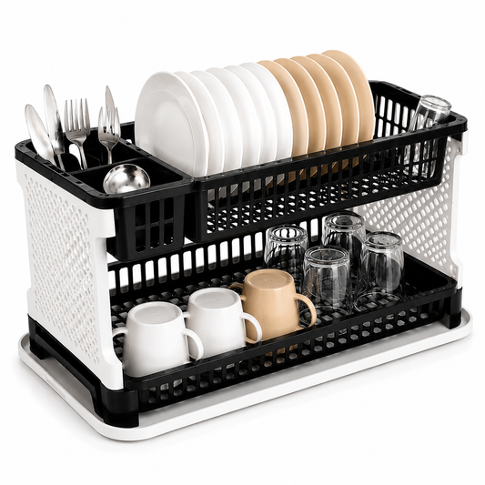 Houseify DryNest™ 2-Tier Dish Drainer Basket with Removable Drip Tray & Cutlery Holder | Kitchen Dish Drying Rack Organizer (Black)