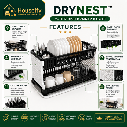 Houseify DryNest™ 2-Tier Dish Drainer Basket with Removable Drip Tray & Cutlery Holder | Kitchen Dish Drying Rack Organizer (Black)