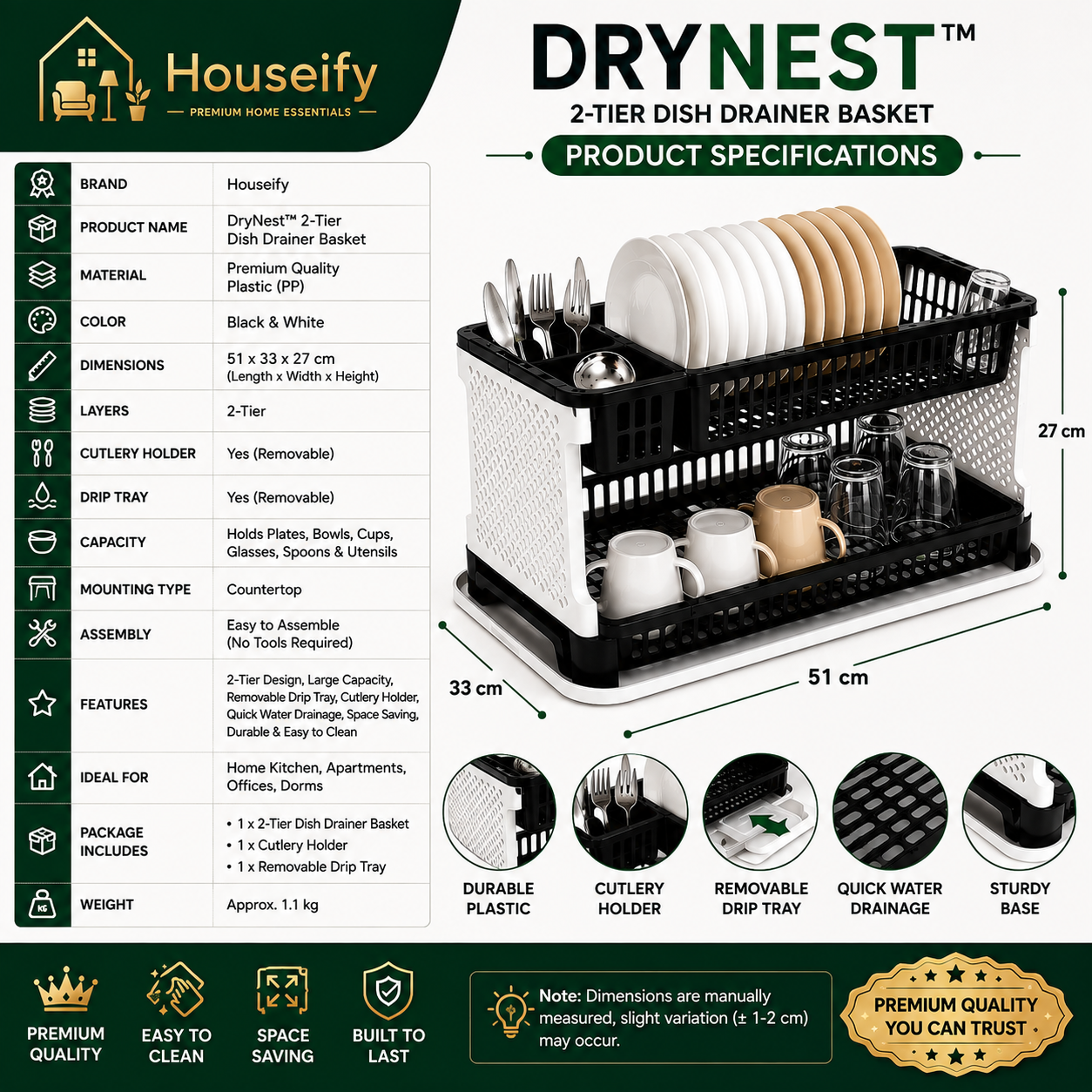 Houseify DryNest™ 2-Tier Dish Drainer Basket with Removable Drip Tray & Cutlery Holder | Kitchen Dish Drying Rack Organizer (Black)
