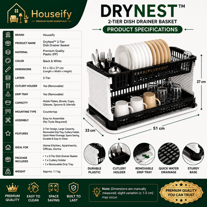 Houseify DryNest™ 2-Tier Dish Drainer Basket with Removable Drip Tray & Cutlery Holder | Kitchen Dish Drying Rack Organizer (Black)