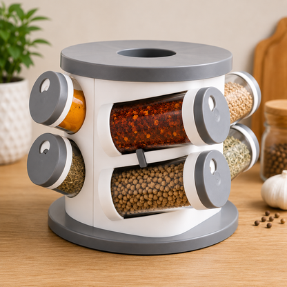 Houseify SpiceNest Premium 360° Rotating Spice Rack with 8 Clear Jars, Revolving Masala Organizer, Space-Saving Countertop Storage Stand for Kitchen