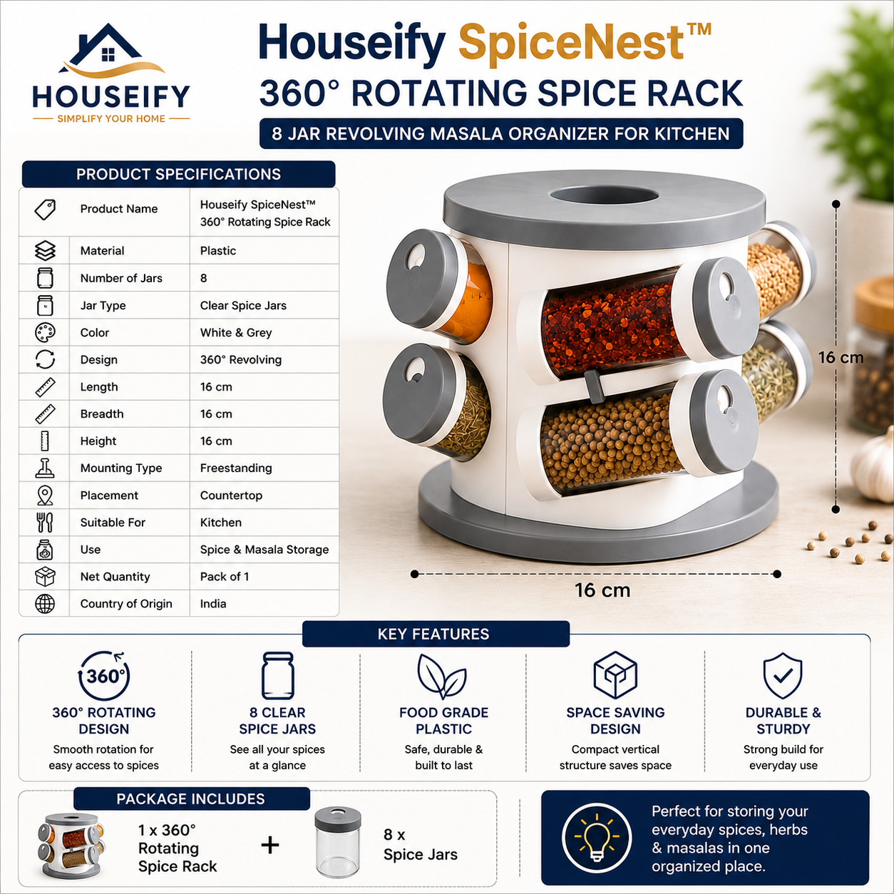 Houseify SpiceNest Premium 360° Rotating Spice Rack with 8 Clear Jars, Revolving Masala Organizer, Space-Saving Countertop Storage Stand for Kitchen