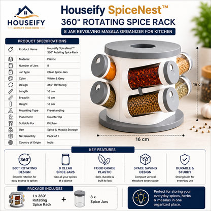 Houseify SpiceNest Premium 360° Rotating Spice Rack with 8 Clear Jars, Revolving Masala Organizer, Space-Saving Countertop Storage Stand for Kitchen