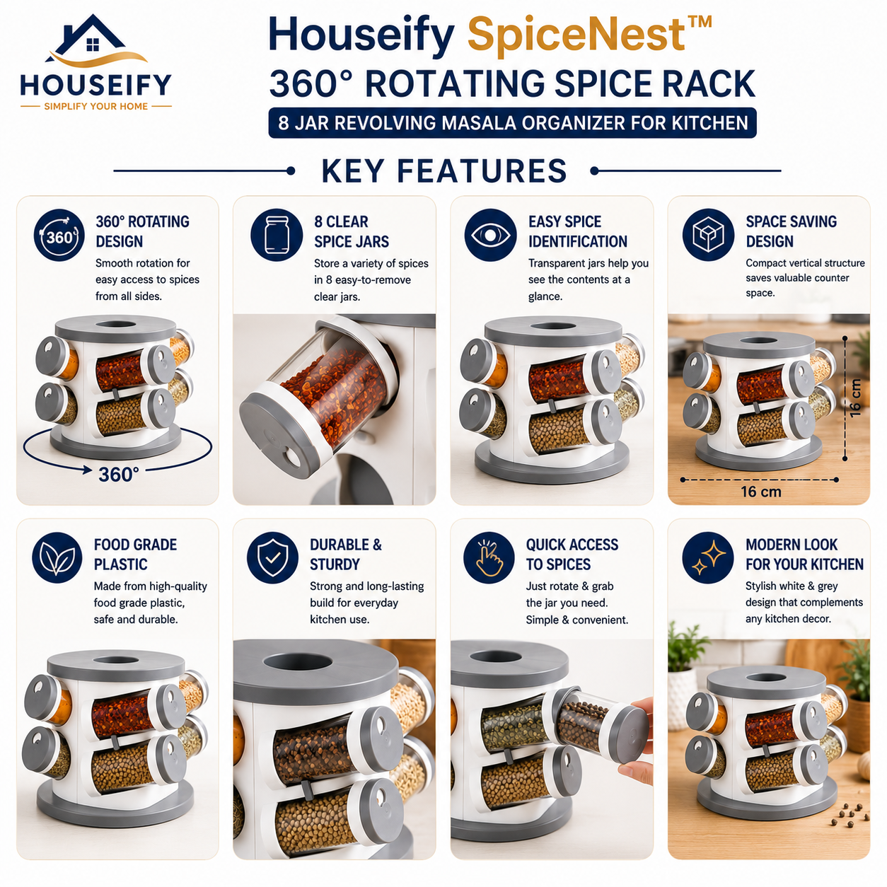 Houseify SpiceNest Premium 360° Rotating Spice Rack with 8 Clear Jars, Revolving Masala Organizer, Space-Saving Countertop Storage Stand for Kitchen