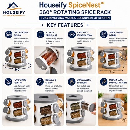 Houseify SpiceNest Premium 360° Rotating Spice Rack with 8 Clear Jars, Revolving Masala Organizer, Space-Saving Countertop Storage Stand for Kitchen