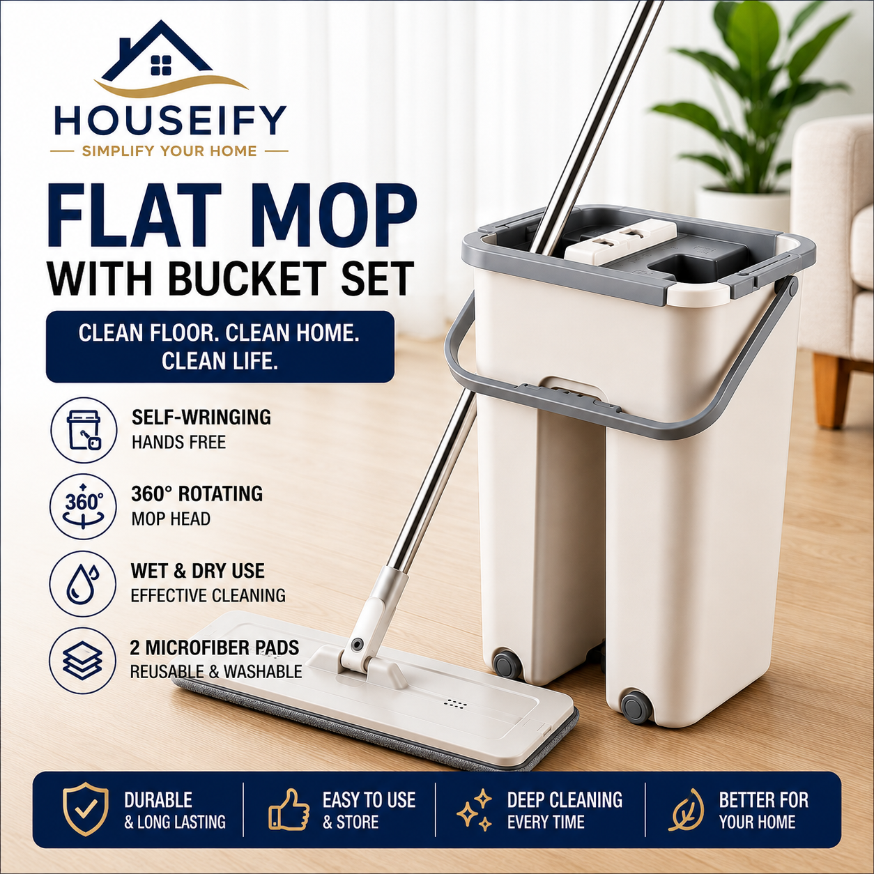 Houseify CleanGlide 360° Flat Floor Mop with Self-Wringing 5L Bucket, Reusable Microfiber Pads & Wet-Dry Cleaning System for Home, Kitchen & Bathroom