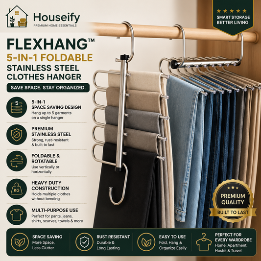 Houseify FlexHang™ 5-in-1 Foldable Stainless Steel Clothes Hanger | Space Saving Wardrobe Organizer Organize More. Save More Space.