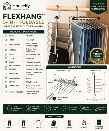 Houseify FlexHang™ 5-in-1 Foldable Stainless Steel Clothes Hanger | Space Saving Wardrobe Organizer Organize More. Save More Space.