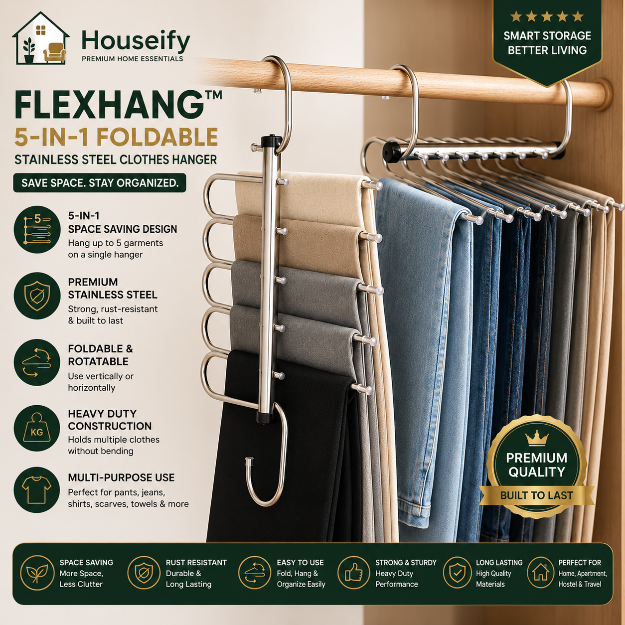 Houseify FlexHang™ 5-in-1 Foldable Stainless Steel Clothes Hanger | Space Saving Wardrobe Organizer Organize More. Save More Space.