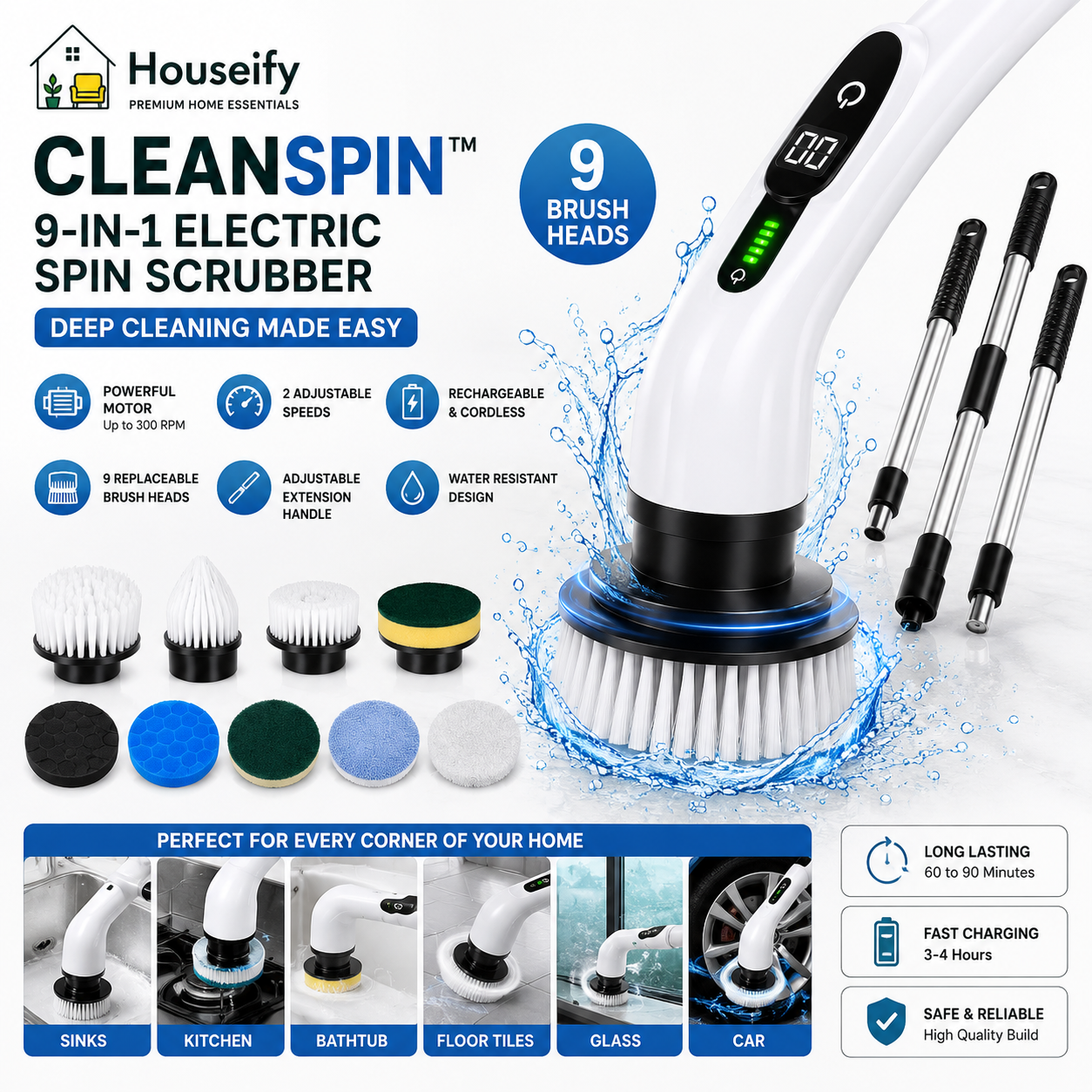Houseify CleanSpin™ 9-in-1 Electric Spin Scrubber | Cordless Bathroom & Floor Cleaning Brush | Clean Smarter. Shine Faster |  adjustale handle