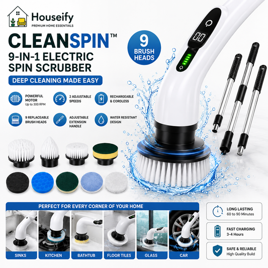 Houseify CleanSpin™ 9-in-1 Electric Spin Scrubber | Cordless Bathroom & Floor Cleaning Brush | Clean Smarter. Shine Faster |  adjustale handle