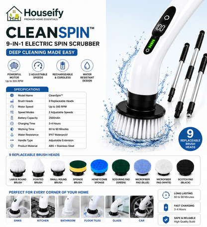 Houseify CleanSpin™ 9-in-1 Electric Spin Scrubber | Cordless Bathroom & Floor Cleaning Brush | Clean Smarter. Shine Faster |  adjustale handle