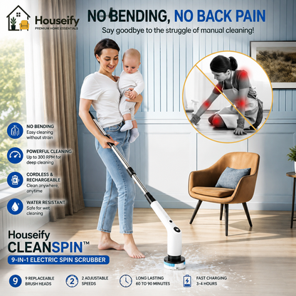 Houseify CleanSpin™ 9-in-1 Electric Spin Scrubber | Cordless Bathroom & Floor Cleaning Brush | Clean Smarter. Shine Faster |  adjustale handle