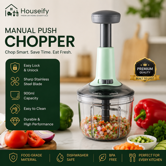 Houseify SwiftChop 900ml Manual Food Chopper | Stainless Steel Hand Press Vegetable Cutter for Onion, Tomato, Potato, Garlic & Fruits