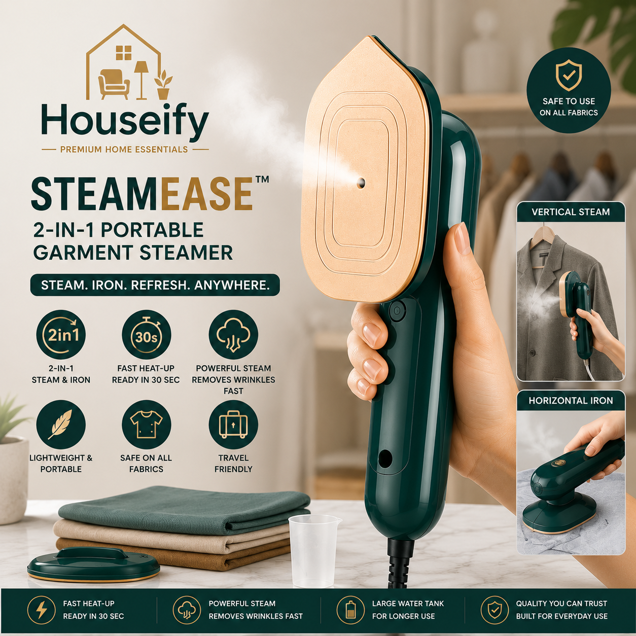 Houseify SteamEase™ 2-in-1 Portable Garment Steamer & Travel Steam Iron | Fast Heat Wrinkle Remover for Shirts, Dresses, Sarees, Kurtas