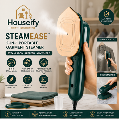 Houseify SteamEase™ 2-in-1 Portable Garment Steamer & Travel Steam Iron | Fast Heat Wrinkle Remover for Shirts, Dresses, Sarees, Kurtas