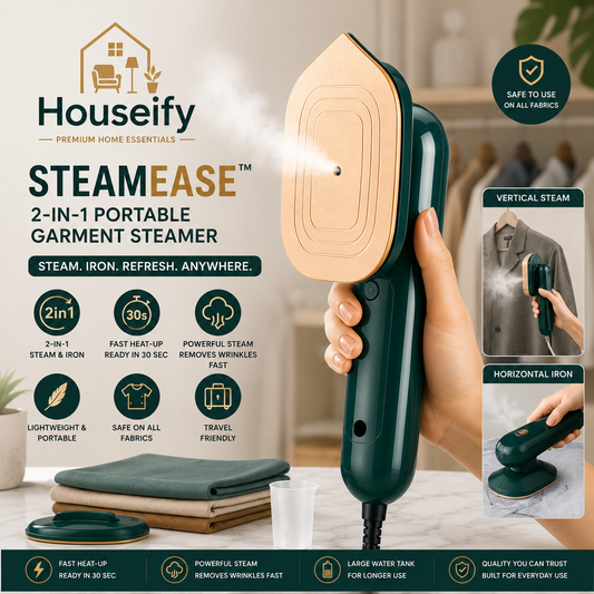 Houseify SteamEase™ 2-in-1 Portable Garment Steamer & Travel Steam Iron | Fast Heat Wrinkle Remover for Shirts, Dresses, Sarees, Kurtas