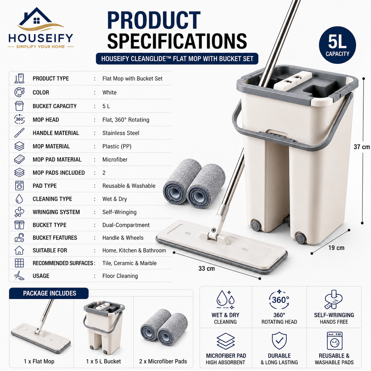Houseify CleanGlide 360° Flat Floor Mop with Self-Wringing 5L Bucket, Reusable Microfiber Pads & Wet-Dry Cleaning System for Home, Kitchen & Bathroom