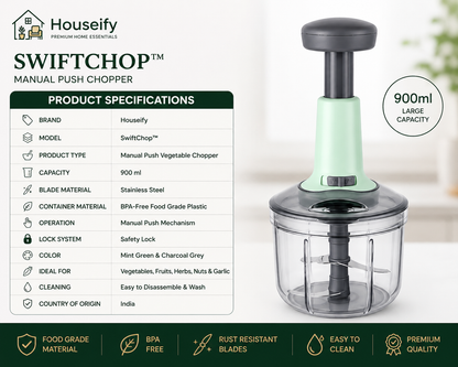 Houseify SwiftChop 900ml Manual Food Chopper | Stainless Steel Hand Press Vegetable Cutter for Onion, Tomato, Potato, Garlic & Fruits