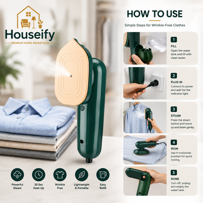 Houseify SteamEase™ 2-in-1 Portable Garment Steamer & Travel Steam Iron | Fast Heat Wrinkle Remover for Shirts, Dresses, Sarees, Kurtas